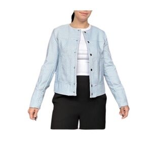 Zara Retro Soft Cropped Blazer in Light Blue and Cream with a Geometric Pattern